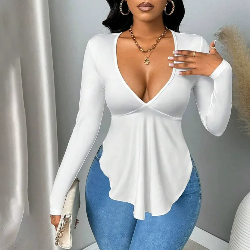 Womens Long Sleeve V Neck T Shirt Sexy Backless Design Slim Fit Elegant Style Spring Summer Coll