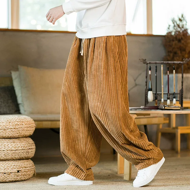 Mens Corduroy Lantern Pants Plus Size Retro Straight Leg Loose Fit Casual Style Autumn Winter Co