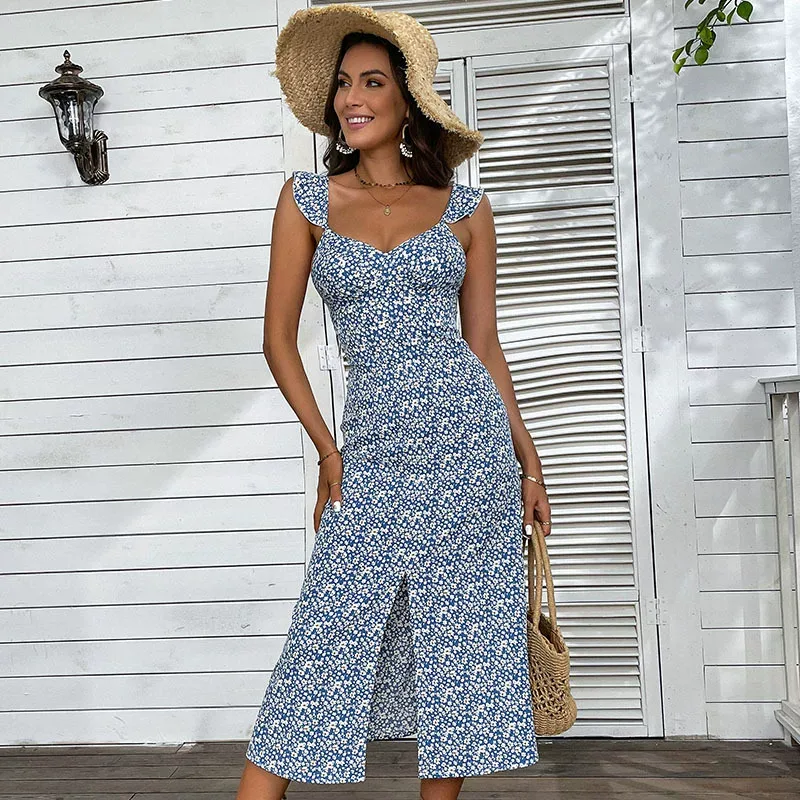 Floral Print Maxi Dress Sweet Country Style Sleeveless High Slit Lightweight Fabric Summer Casua
