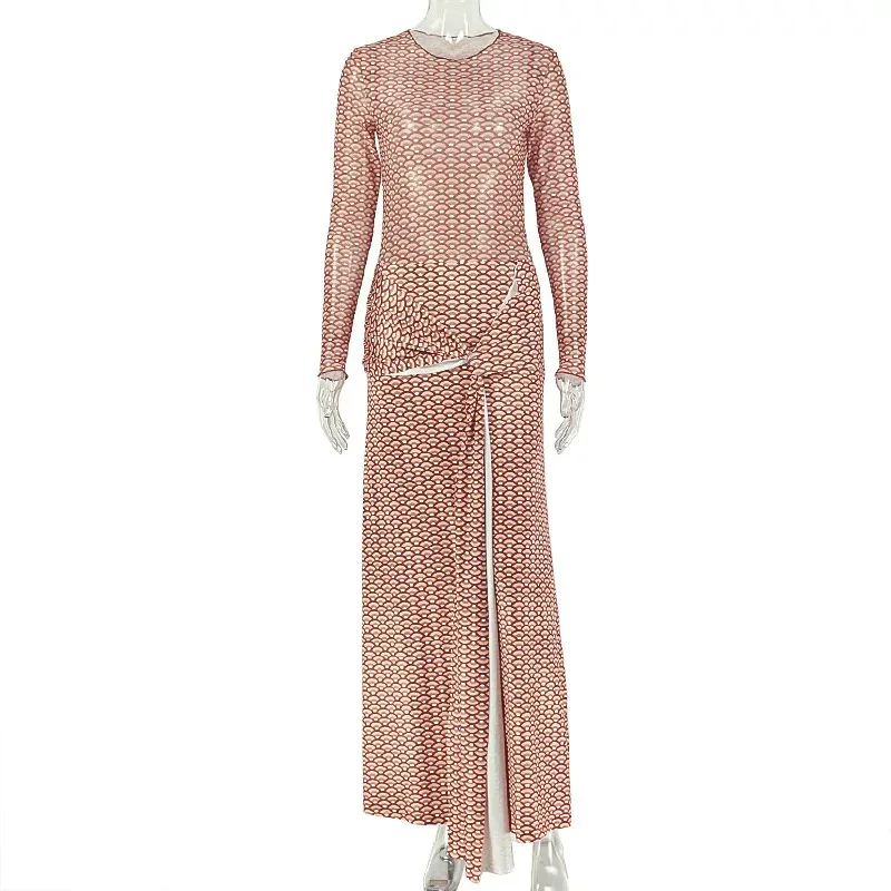 A Line Dress Ruffled Design Tie Detail Long Sleeve Round Neck Casual Vacation Wear Wholesale Ava
