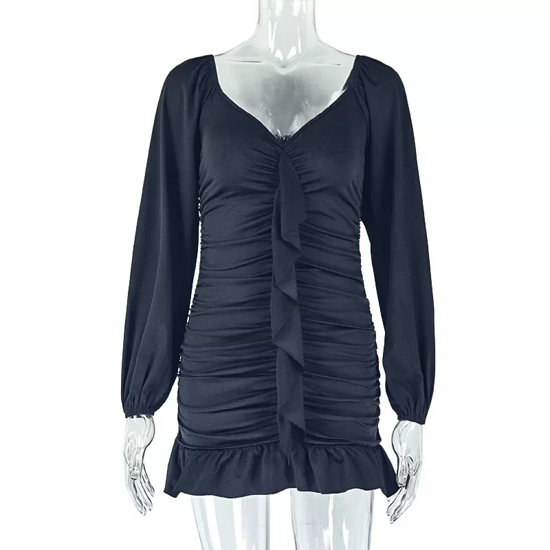 Casual Womens Dress Solid Color Ruffled Hem U Neck Long Sleeve Bodycon Fit Perfect for Parties o