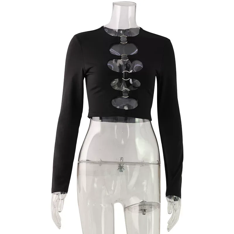 Street Style Womens Top Fashionable Solid Color Long Sleeve Hollow Design Round Neck Metallic Ri