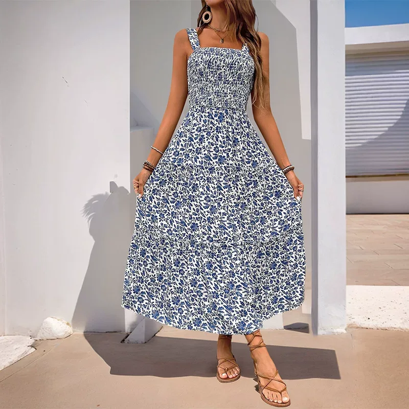 Summer Floral Maxi Dress Sleeveless Elastic Waist Casual Style Perfect for Beach or Outdoor Even