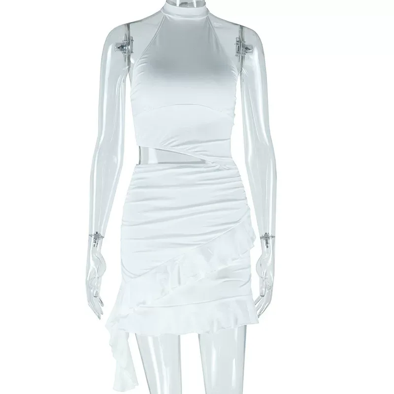 Sleeveless Ruched Dress High Neck Solid Color Elegant Fit Casual Chic for Parties or Everyday We