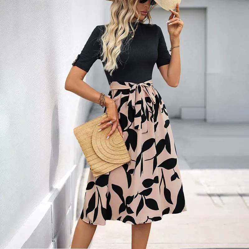 Elegant Summer Dress Color Block Design Half High Neck Comfortable Fabric Perfect for Office Wea