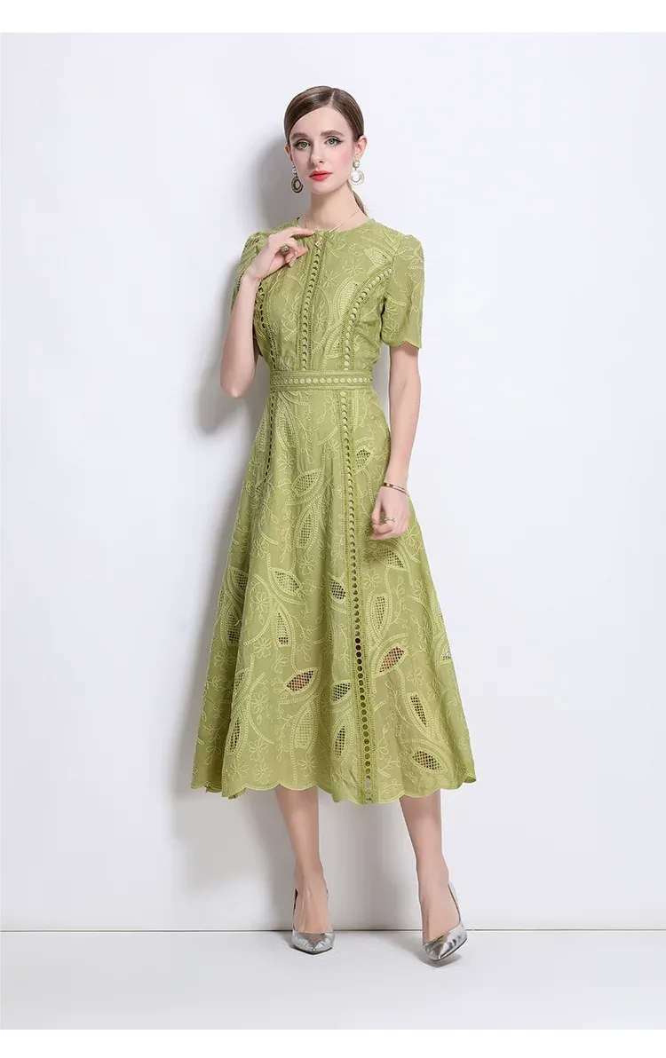 Elegant Womens Summer Dress with Hollow Embroidery and Waist Detail in Various Colors and Sizes for Casual Occasions