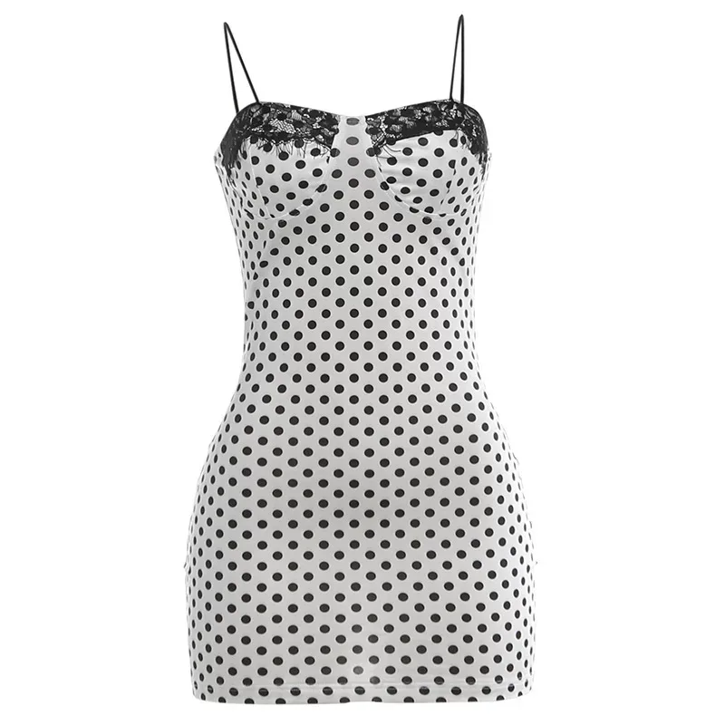 Summer Womens Bodycon Dress Sexy Lace Trim Polka Dot Print Spaghetti Straps Perfect for Parties