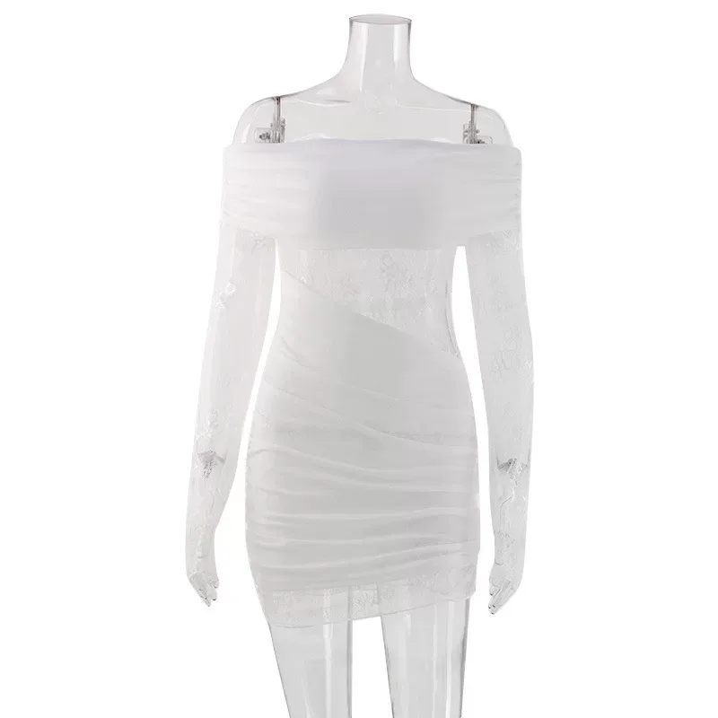 Lace Trimmed Off Shoulder Bodycon Dress Long Sleeve Pleated Design Elegant Style Perfect for Par