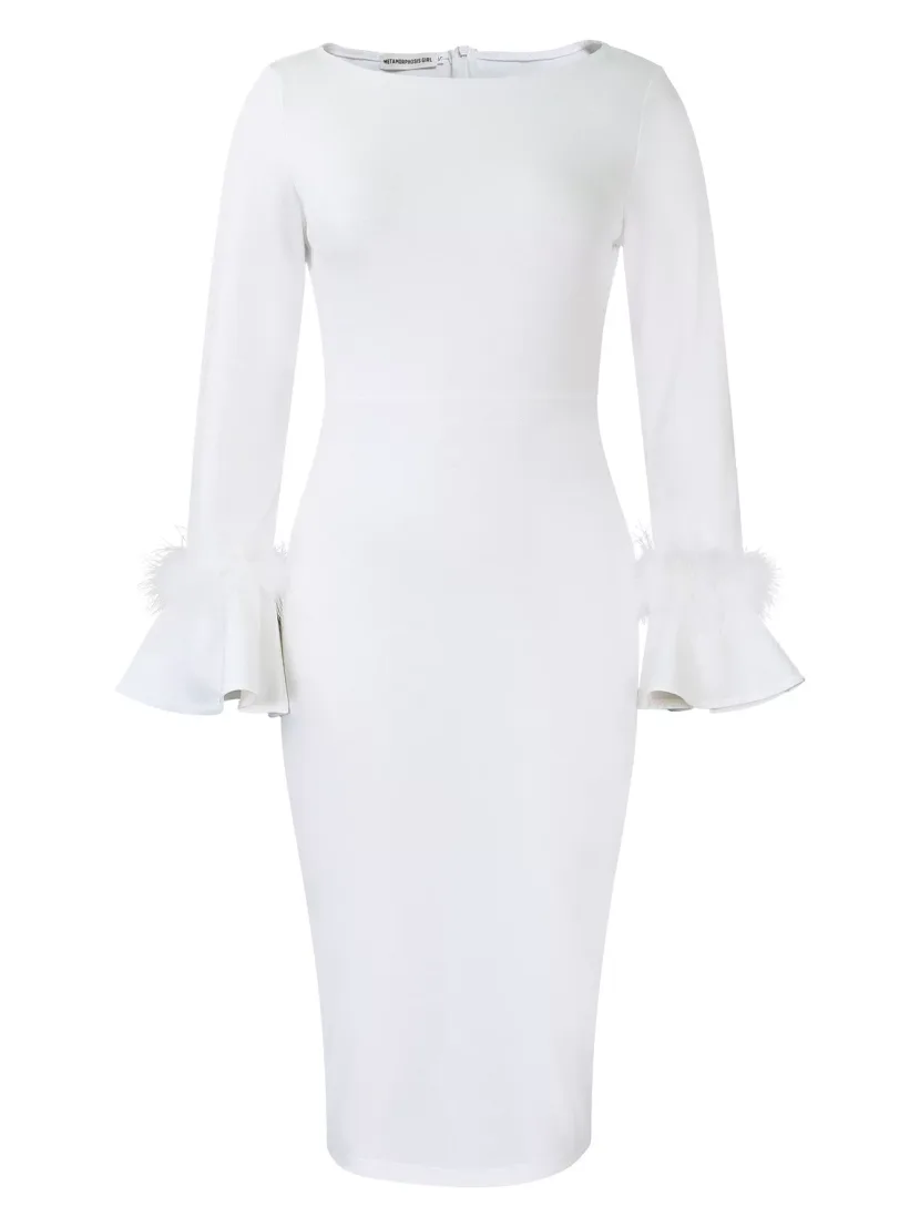 Fashionable Solid Color Bodycon Dress with Flared Sleeves Womens Winter Collection Office Wear W