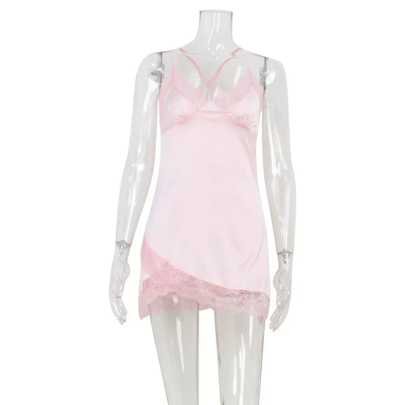 V Neck Lace Trim Satin Dress Soft Skin Friendly Fabric Pink Color Summer Style Wholesale Availab