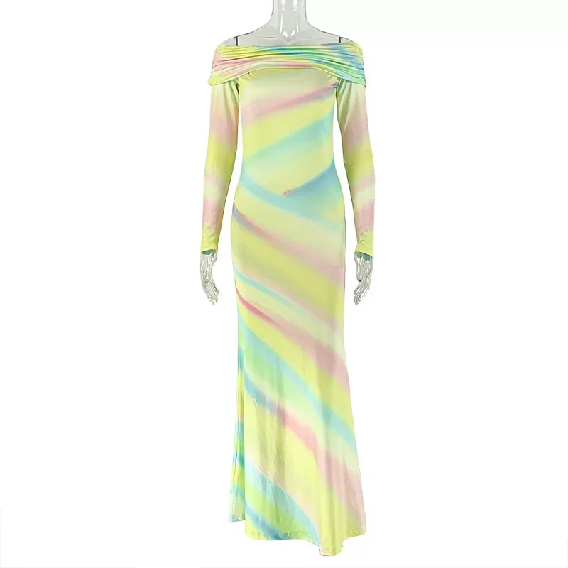 Casual Floral Print Bodycon Dress Off Shoulder Long Sleeve Color Block Design Perfect for Vacati