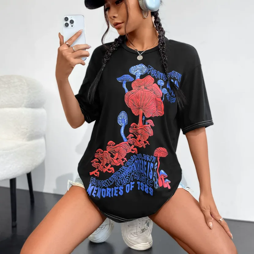 Womens Short Sleeve T Shirt Fashionable Round Neck Printed Design Casual Wear for Summer Wholesa