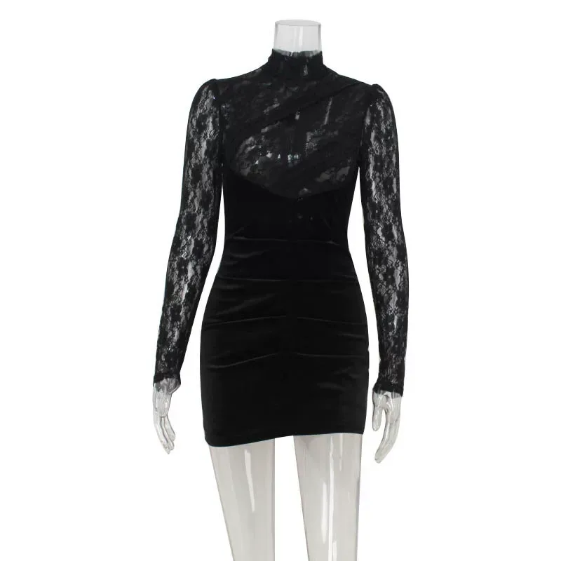 High Neck Long Sleeve Lace Sheer Velvet Dress Elegant Fitted Bodycon Style Perfect for Evening E