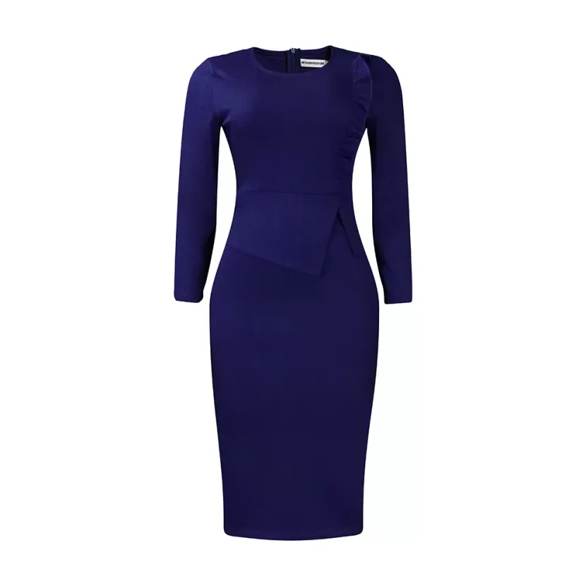 Plus Size Womens Spring Dress Solid Color Ruffled Hem Round Neck Bodycon Fit Office Wear Busines