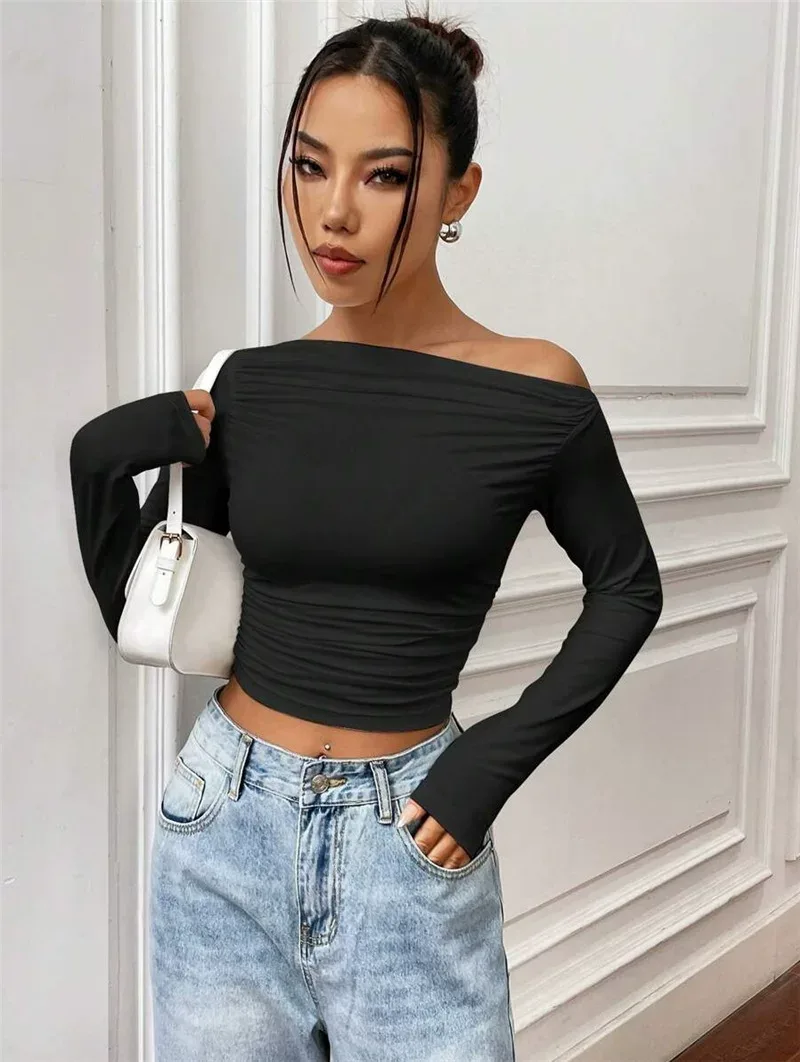 Slim Fit Asymmetrical Long Sleeve Womens T Shirt Versatile Design Pleated Detail Spring Summer S