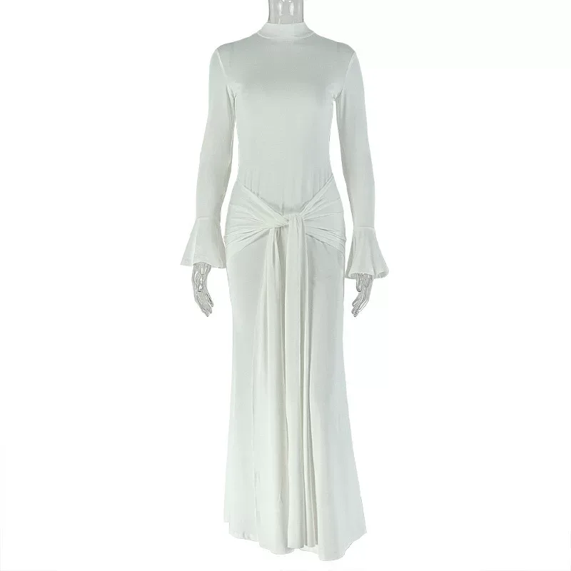 Elegant Long Sleeve Bodycon Dress Solid Color Flared Sleeves Tie Detail High Neck Perfect for Pa