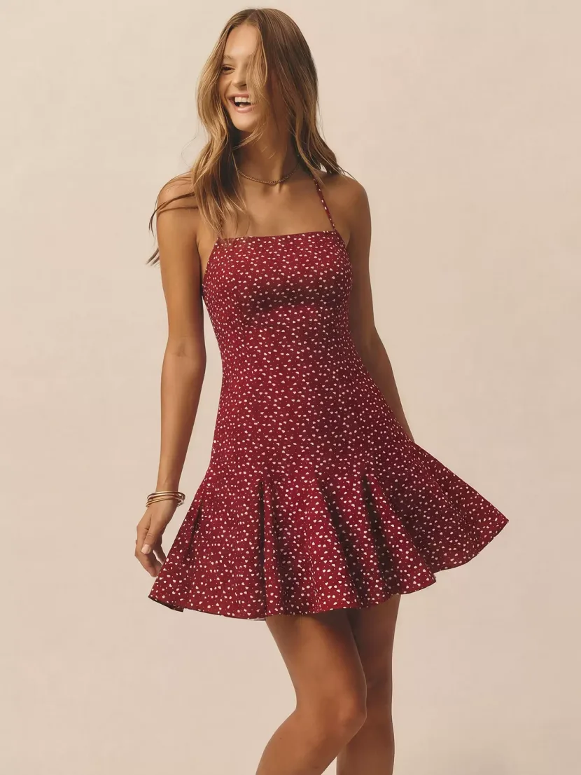 Summer Womens Dress Burgundy Polka Dot Floral Print Ruffled Hem Fitted Waist Wholesale Available