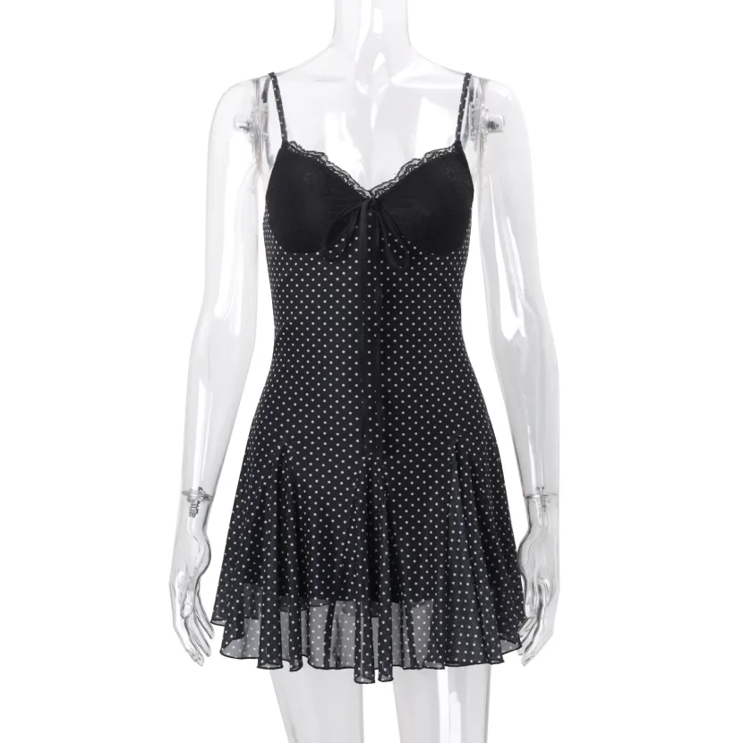 Lace Trim Polka Dot Sheer Halter Dress Sexy Elegant Design Spring Summer Fashion Wholesale Avail