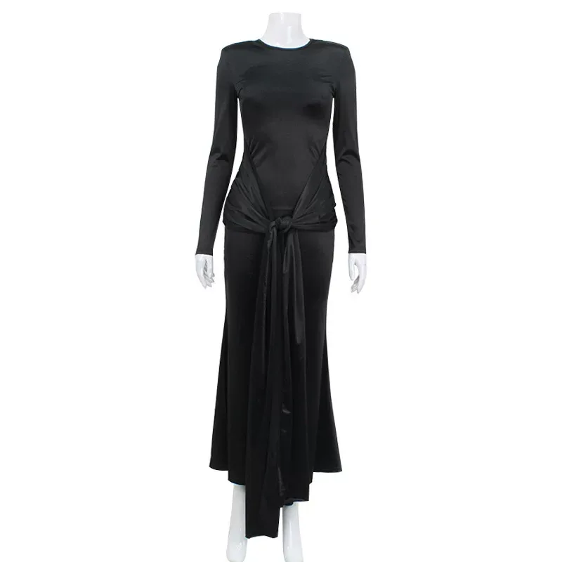 Elegant Long Sleeve Waist Tie Maxi Dress Slim Fit Spring Style Chic Design Wholesale Availabilit
