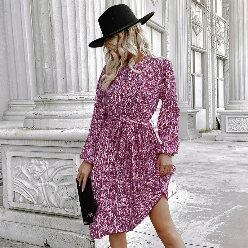 Floral Print Long Sleeve Dress Casual Sweet Elegant Round Neck Versatile Style Wholesale Availab