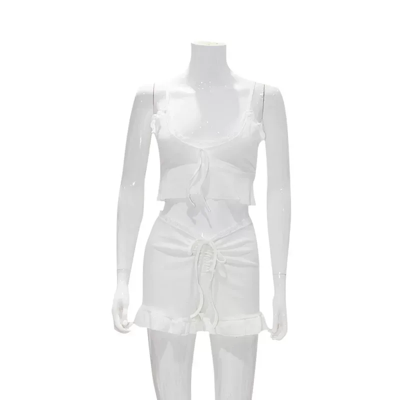 Lace Trim Cami and Ruffle Shorts Set Summer Casual Loungewear Sexy Home Outfit Wholesale Availab
