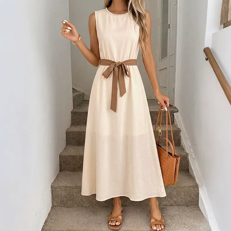 Sleeveless A Line Dress with Beaded Round Neckline in Apricot for Elegant Occasions in Multiple Sizes
