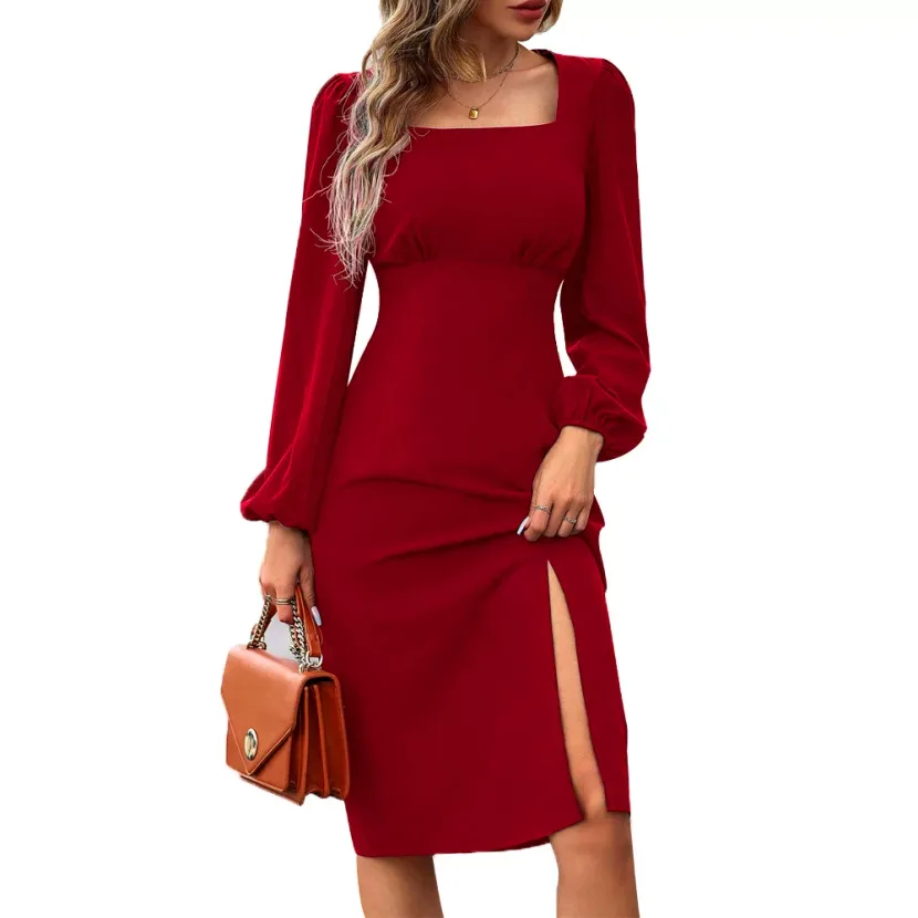 Elegant Midi Dress Side Slit Square Neck Waist Cinching Flattering Fit Perfect for Parties and F