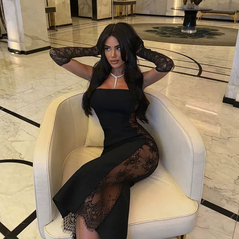 Bodycon Lace Panel Maxi Dress Strapless Sheer Sexy Elegant Perfect for Parties and Night Out Who