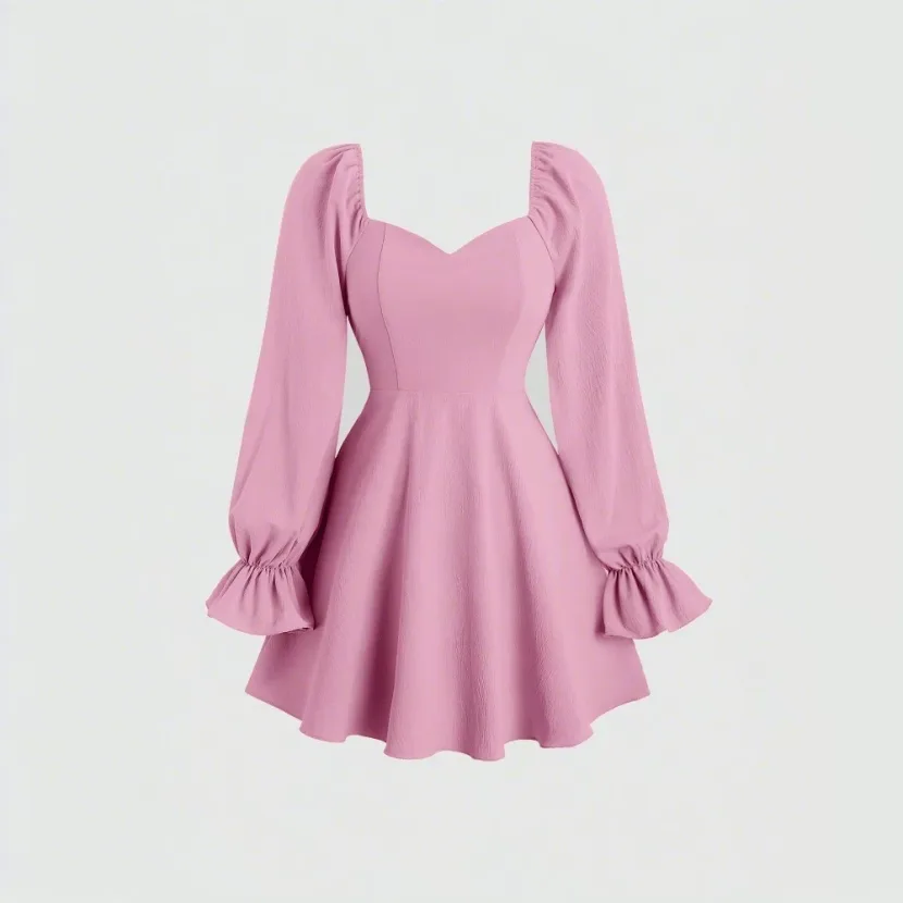 Pink Sweetheart Puff Sleeve Mini Dress Square Neck Waist Defining Flattering Fit Spring Summer F