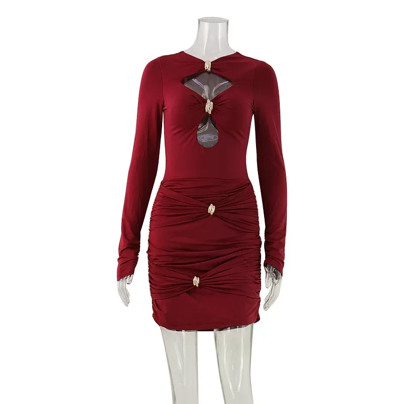 Long Sleeve Bodycon Dress Hollow Out Design Solid Color Elegant Style Perfect for Spring Occasio
