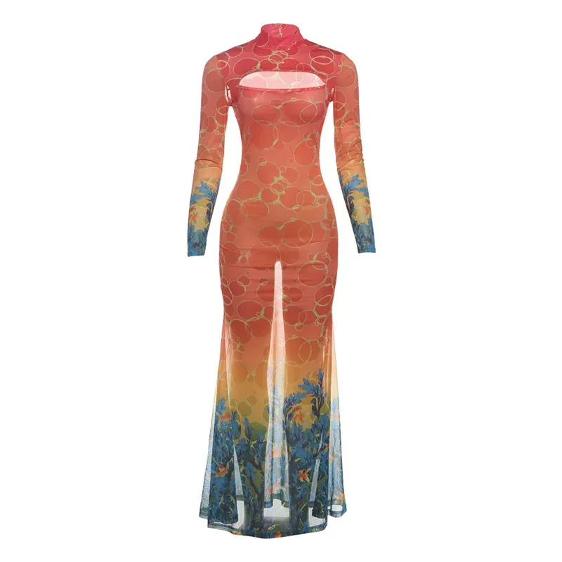 Fashionable Womens Hollow Out Mermaid Dress Unique Print Sexy Silhouette Autumn Style Wholesale