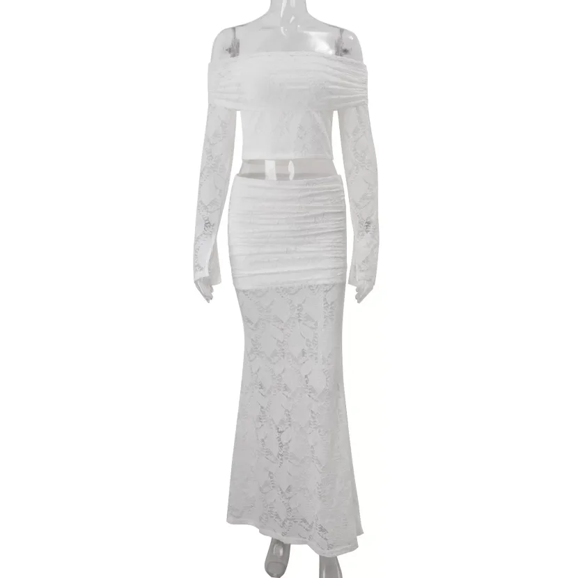 Off Shoulder Lace Long Sleeve Top and Fishtail Skirt Set Slim Fit Elegant Design Autumn Fashion