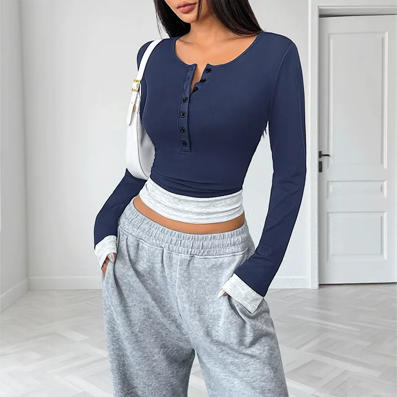 Casual Color Block Long Sleeve Top for Women Slim Fit Round Neck Comfortable Fabric Perfect for