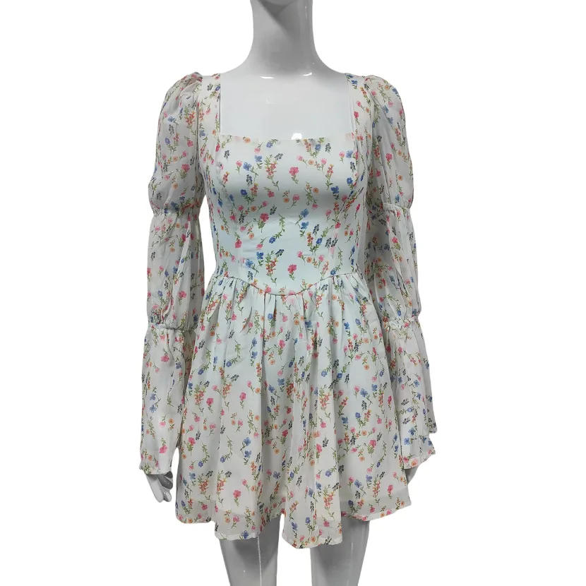 French Vintage Floral Puff Sleeve Dress Square Neck Autumn Collection Elegant Style Wholesale Av