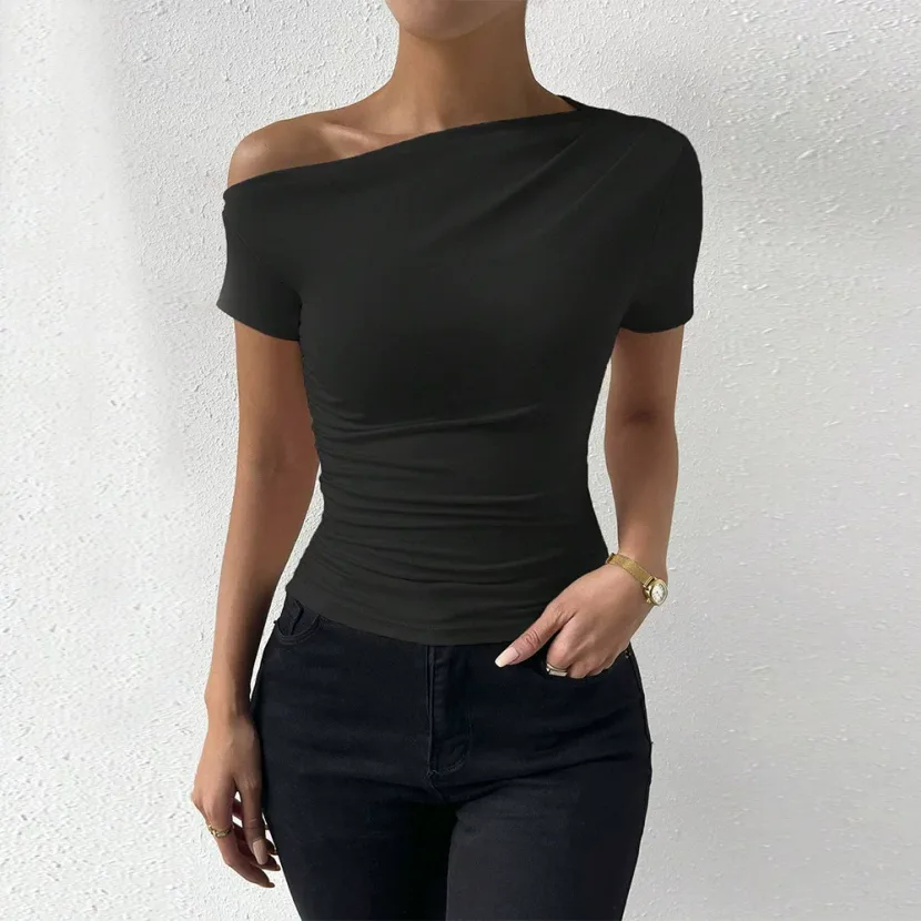 Womens Slim Fit Short Sleeve T Shirt Asymmetrical Neckline Solid Color Summer Style Wholesale Av