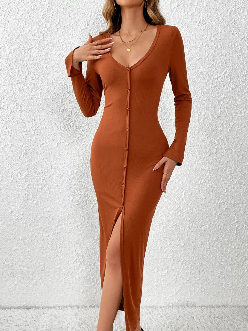 V Neck Long Sleeve Bodycon Dress Slim Fit Side Slit Button Detail Chic Style for Parties or Casu