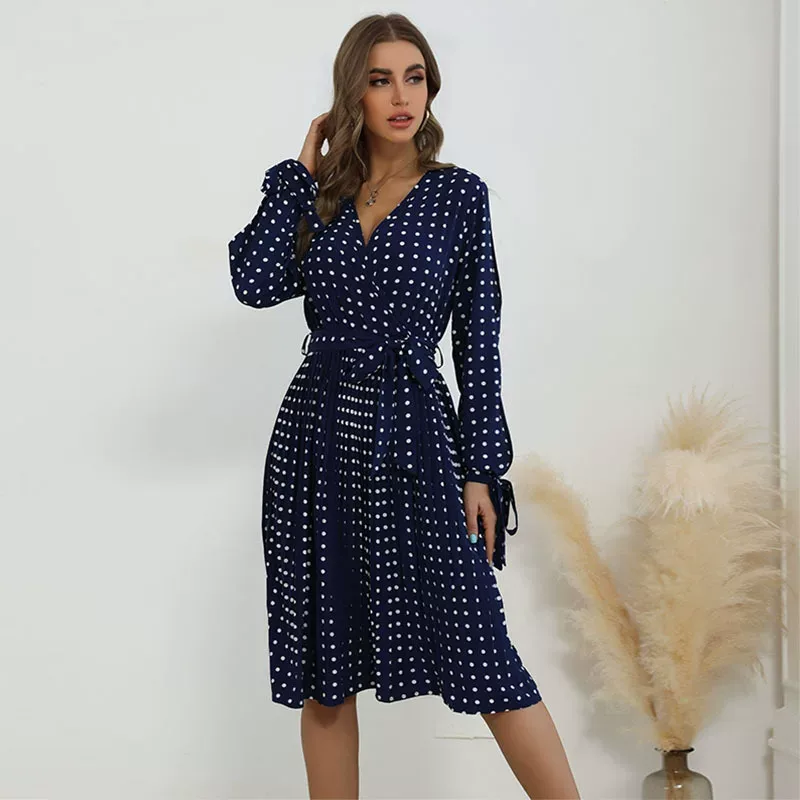 Lace Long Sleeve Blue Polka Dot Dress Elegant Design Comfortable Fit Autumn Winter Style Wholesa