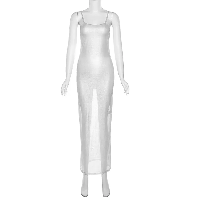 Sexy Sheer Bodycon Dress Silver Foil Detailing Spaghetti Straps Trendy Nightclub Style Spring Su