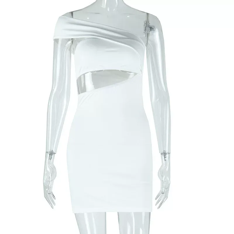 Casual Bodycon Dress Solid Color Asymmetrical Neckline Off Shoulder Patchwork Design Trendy for