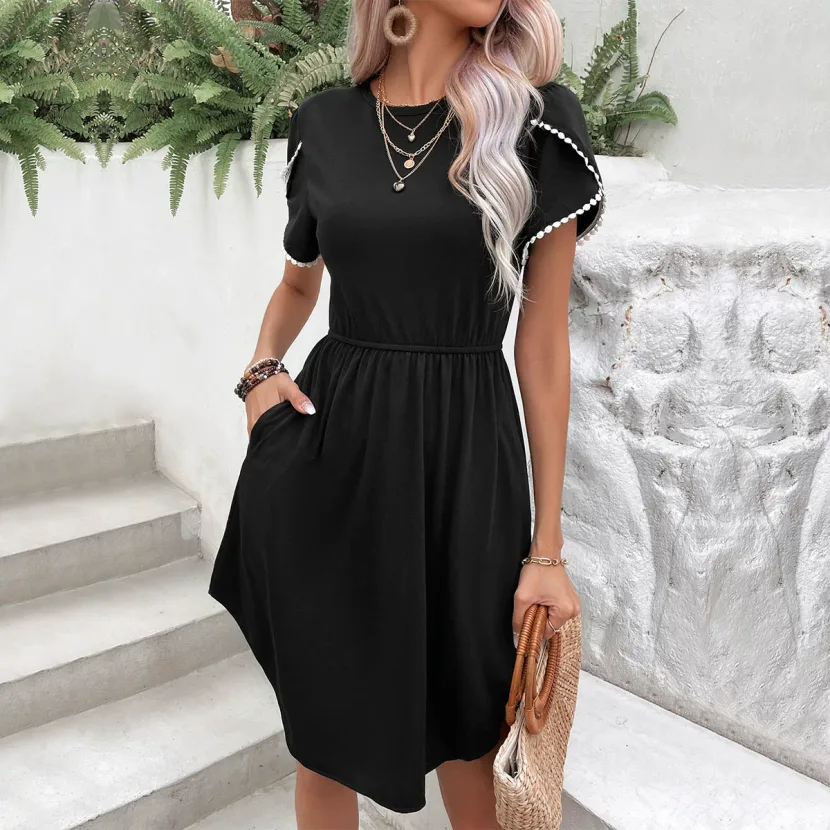 Womens Black T Shirt Dress Sweet and Simple Design Round Neck Lace Trim Short Sleeves Casual Wea