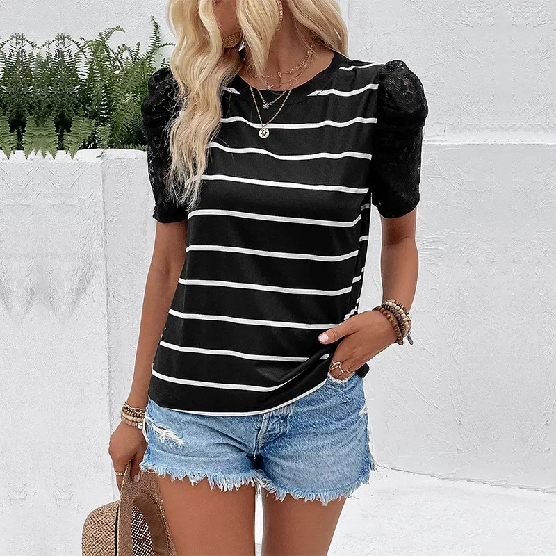 Retro Striped T Shirt Lace Puff Sleeves Summer Style Womens Fashion Wholesale Available ready to