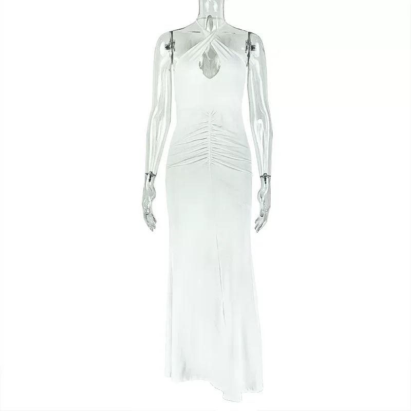 Summer and Autumn Womens Dress Slim Fit Solid Color Ruched Backless Cross Neck Elegant Party or