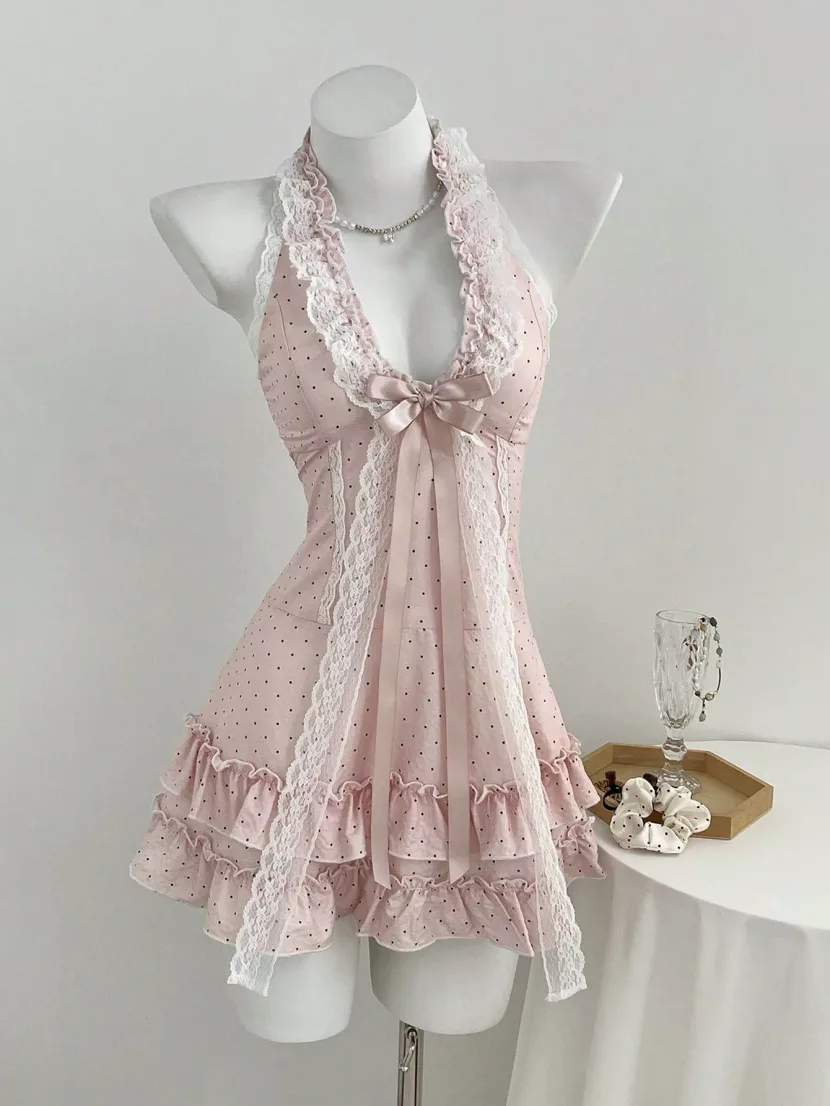 Polka Dot V Neck Cake Dress Bow Tie Neckline Waist Defined Womens Fashion Perfect for Parties an